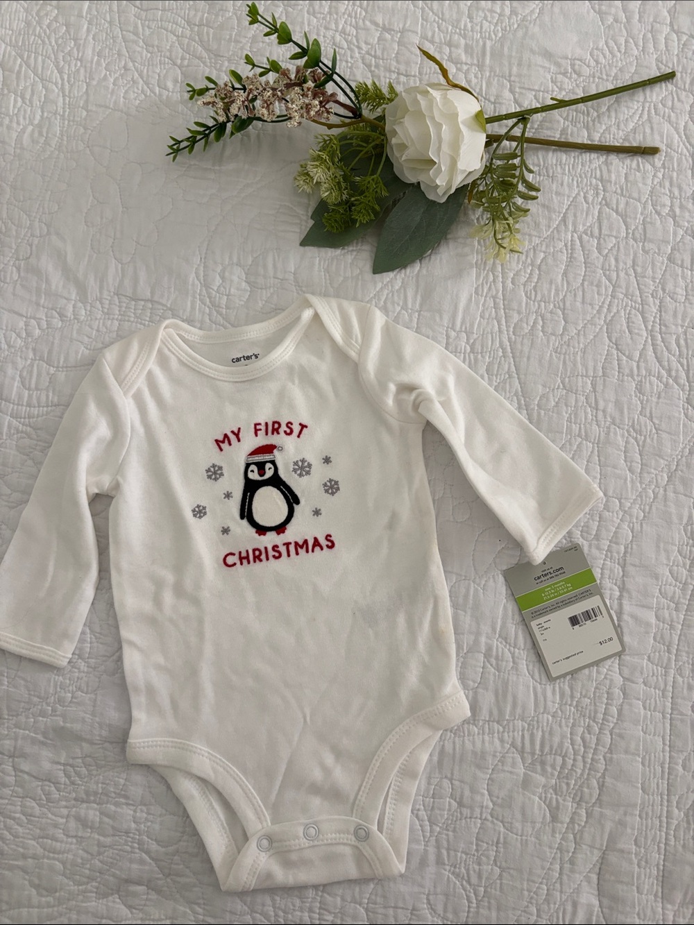 Carter's White and Red 'My First Christmas' Penguin One-Piece/ size 3 months